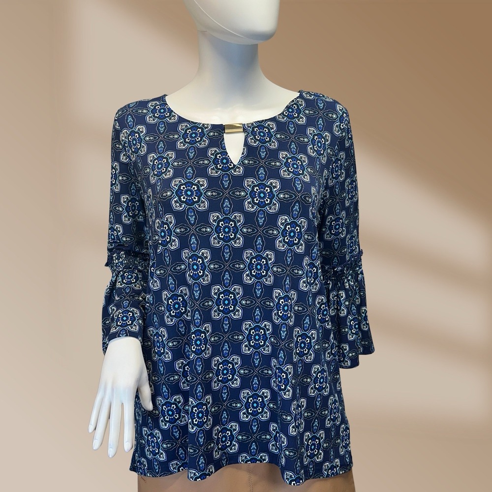 Dana Buchman Womens Navy Blue Medallion Blouse Bell Sleeves Lace Accents Sz XL